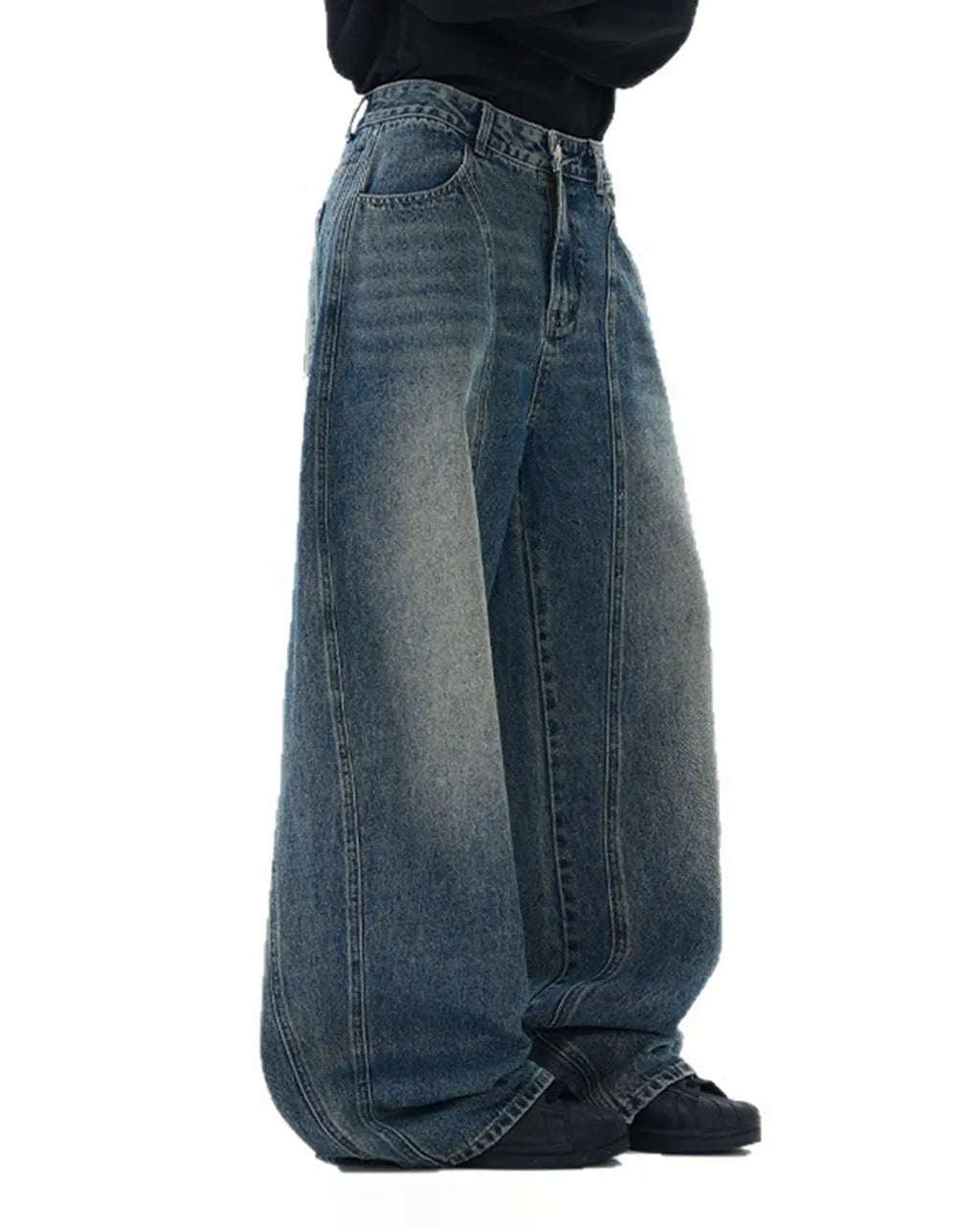 Blue Flation streetwear deconstructed washed barrel jeans featuring a relaxed fit and stylish distressed details.