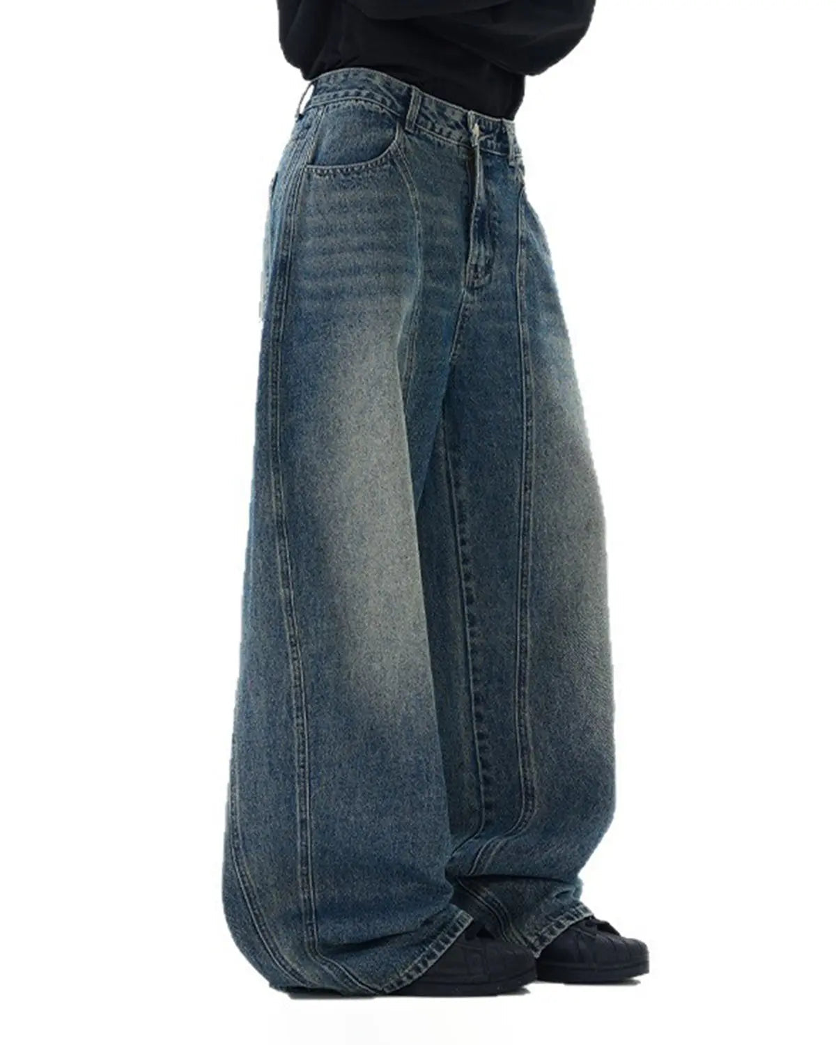 Blue Flation streetwear deconstructed washed barrel jeans featuring a relaxed fit and stylish distressed details.