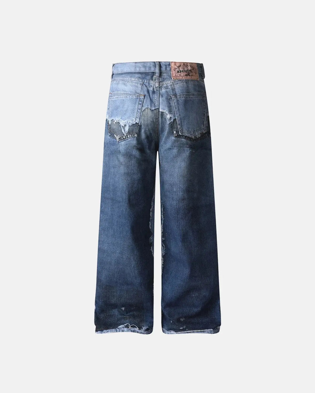 Blue digital print distressed baggy jeans by Flation Streetwear with a relaxed fit and trendy streetwear style.