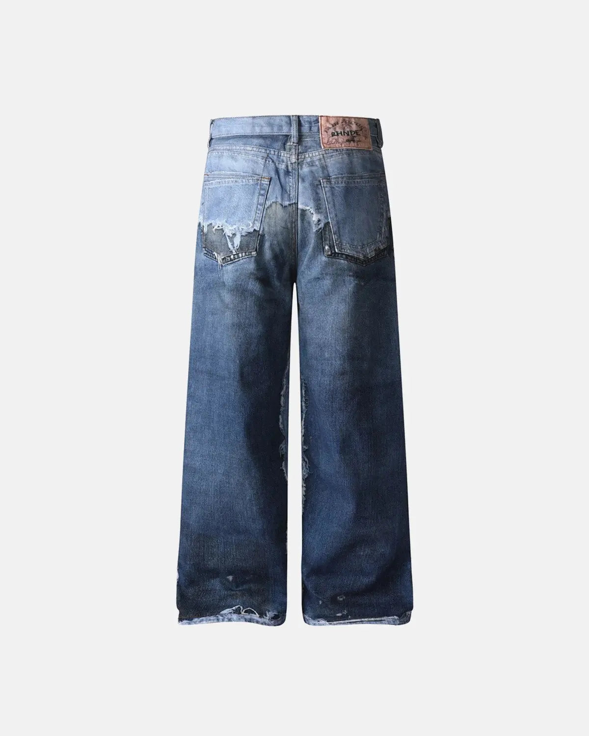 Blue digital print distressed baggy jeans by Flation Streetwear with a relaxed fit and trendy streetwear style.