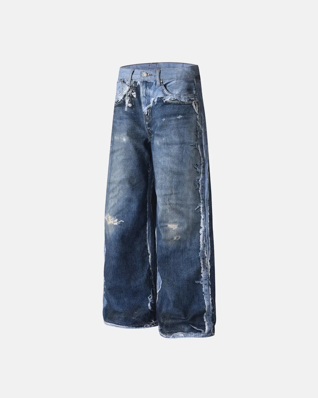 Blue Flation streetwear digital print distressed baggy jeans with a relaxed fit and ripped details.