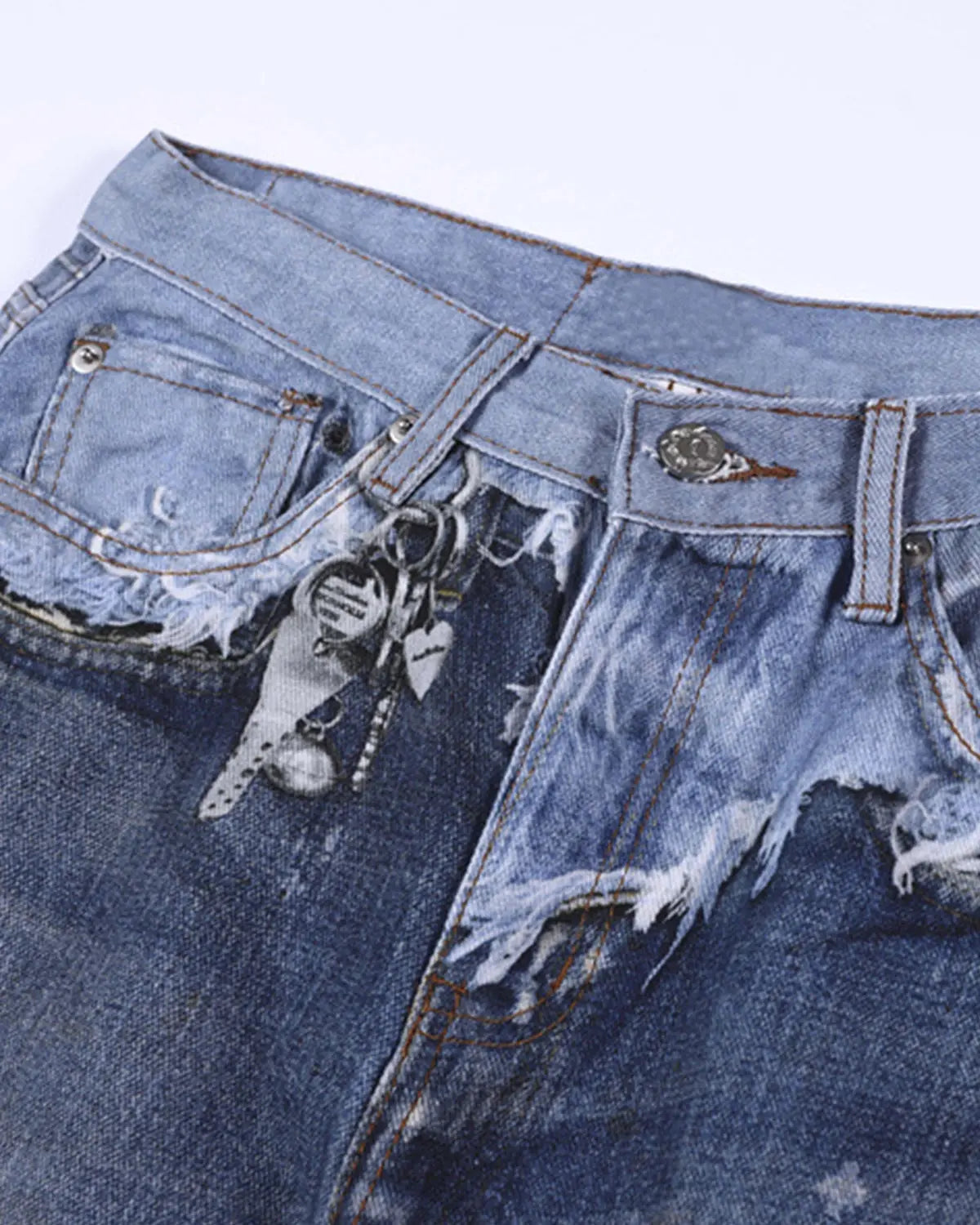 Digital print distressed baggy jeans by Flation Streetwear featuring a relaxed fit and bold graphic design in blue denim.