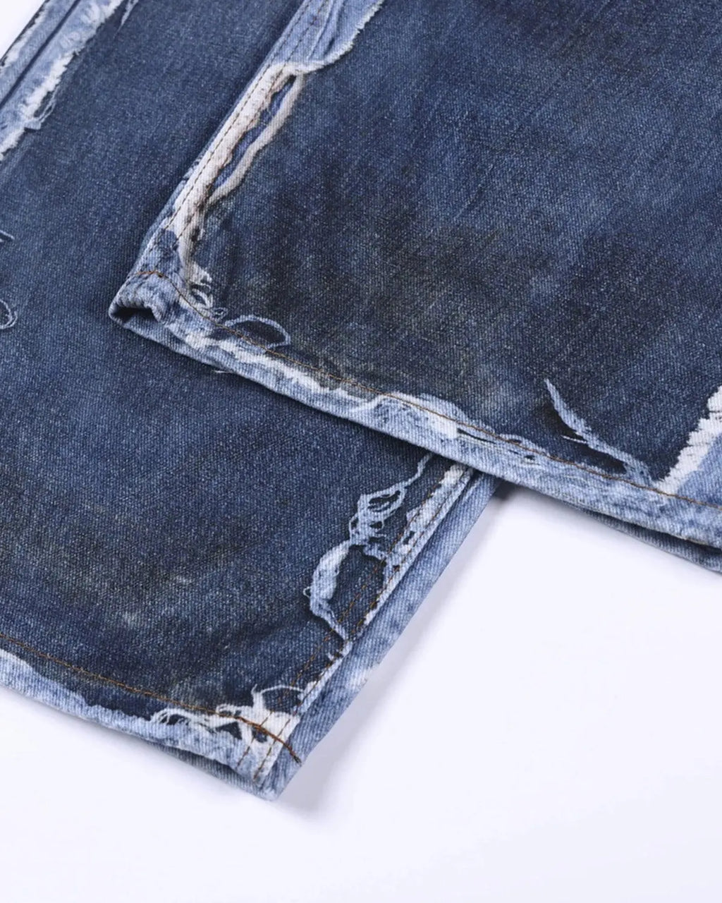 Blue digital print distressed baggy jeans by Flation Streetwear, featuring a relaxed fit and trendy streetwear style.