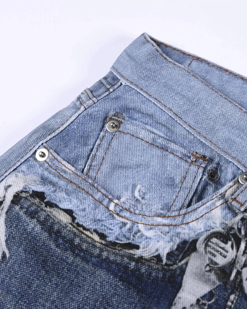 Blue digital print distressed baggy jeans from Flation Streetwear, featuring a relaxed fit and faded, worn-in style.