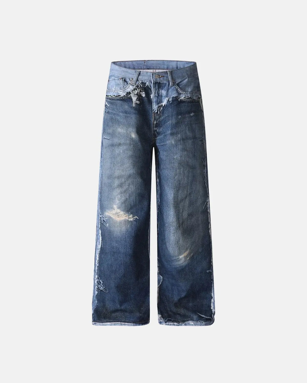 Blue digital print distressed baggy jeans by Flation Streetwear, featuring a relaxed fit and trendy streetwear style.
