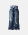 Blue digital print distressed baggy jeans by Flation Streetwear, featuring a relaxed fit and trendy streetwear style.