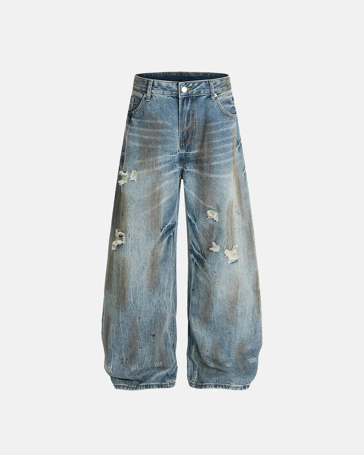 Distressed barrel jeans from Inflation Streetwear featuring a dirty wash finish and relaxed fit, stylish and rugged denim design.