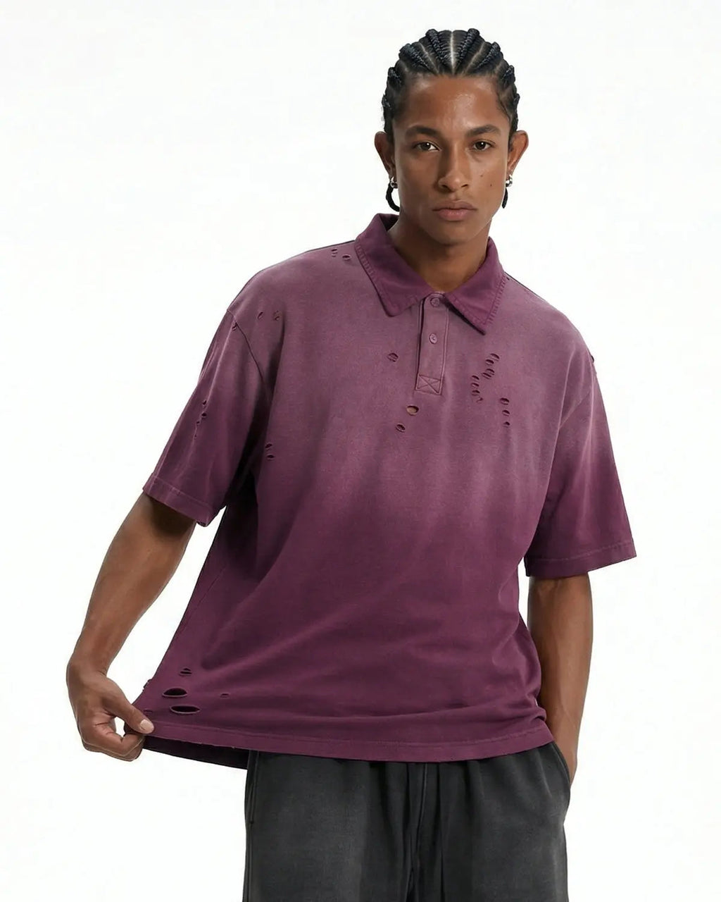 Blue distressed ripped washed polo shirt by Flation Streetwear, featuring a casual, worn-in look with frayed edges and vintage style.