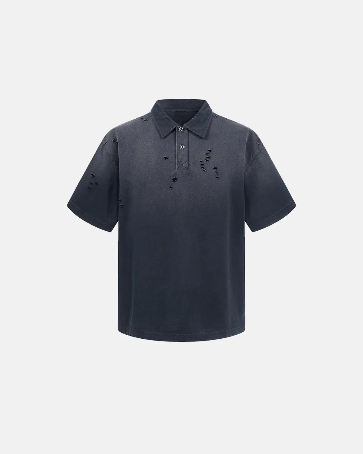 Blue distressed ripped washed polo shirt by Flation Streetwear, showcasing a casual, edgy style with a worn-in look.