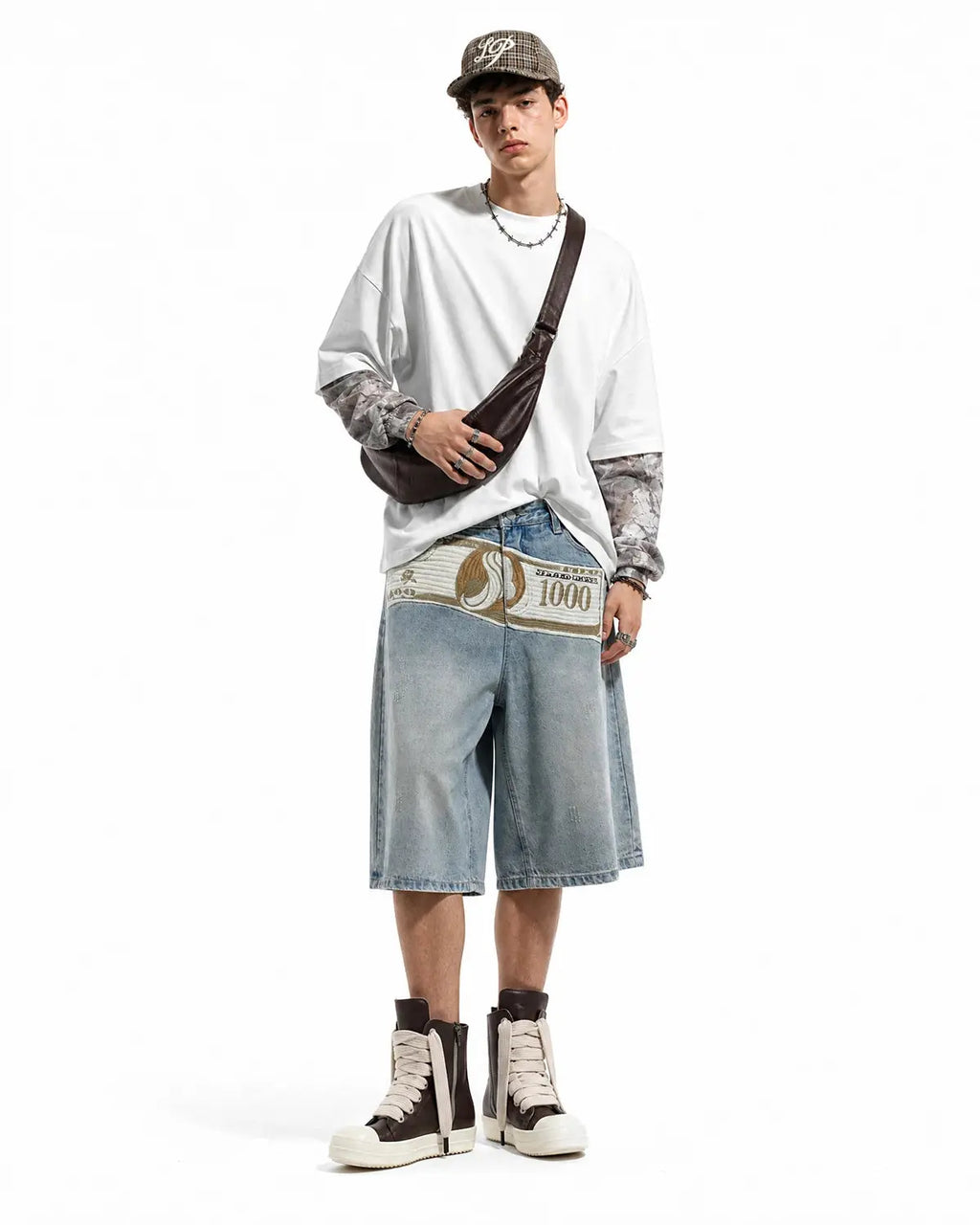 Blue denim jorts with dollar patch embroidery from Flation Streetwear, showcasing distressed details and casual street style.