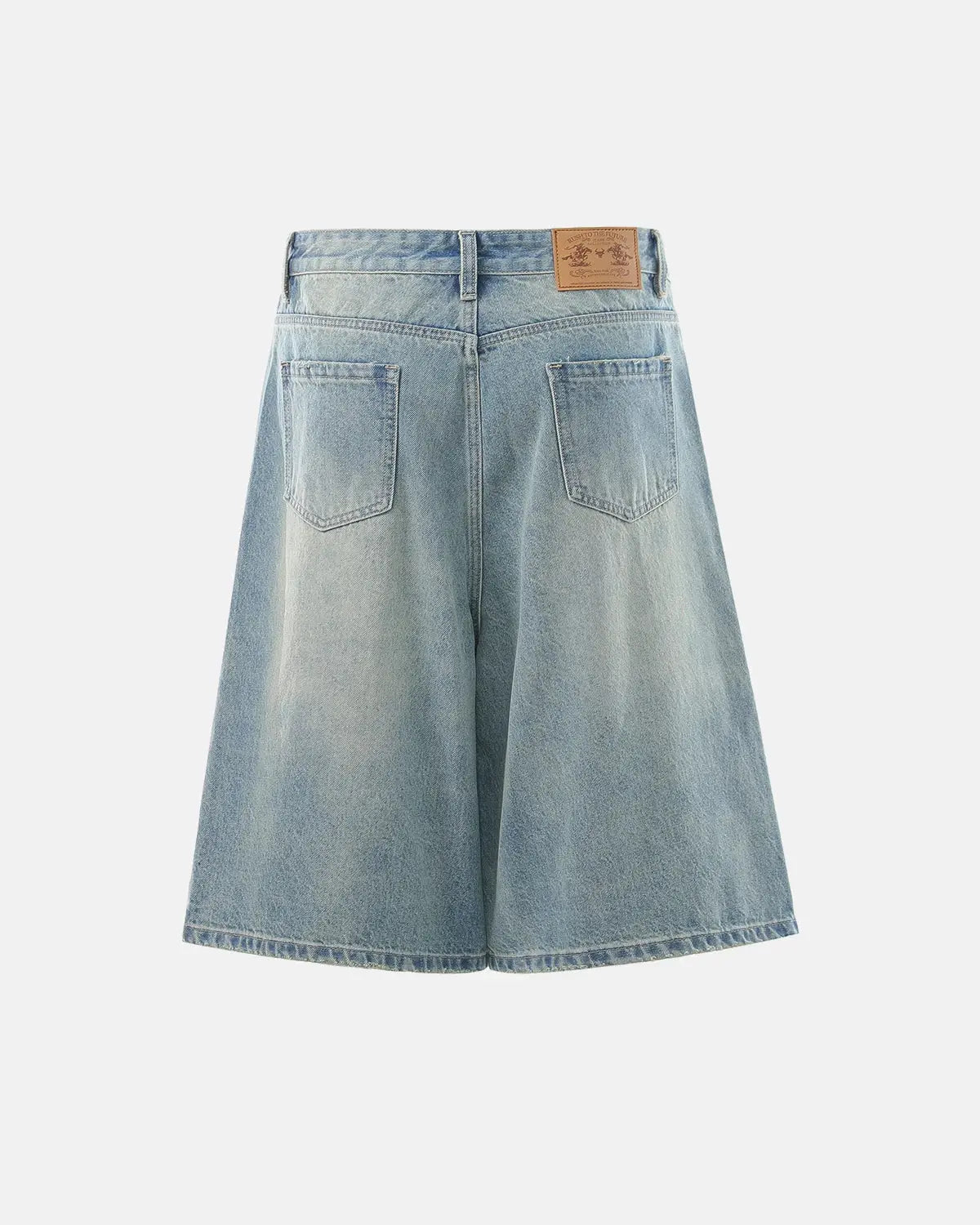 Blue denim Jorts with dollar patch embroidery by Flation Streetwear, featuring frayed hems and distressed details.