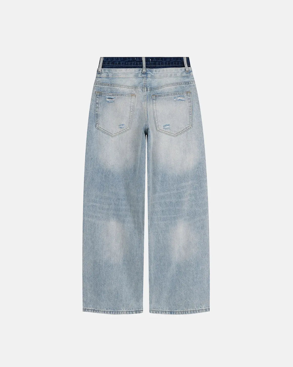 Blue Flation streetwear double waist distressed baggy jeans with ripped details and relaxed fit, showcasing casual street style.