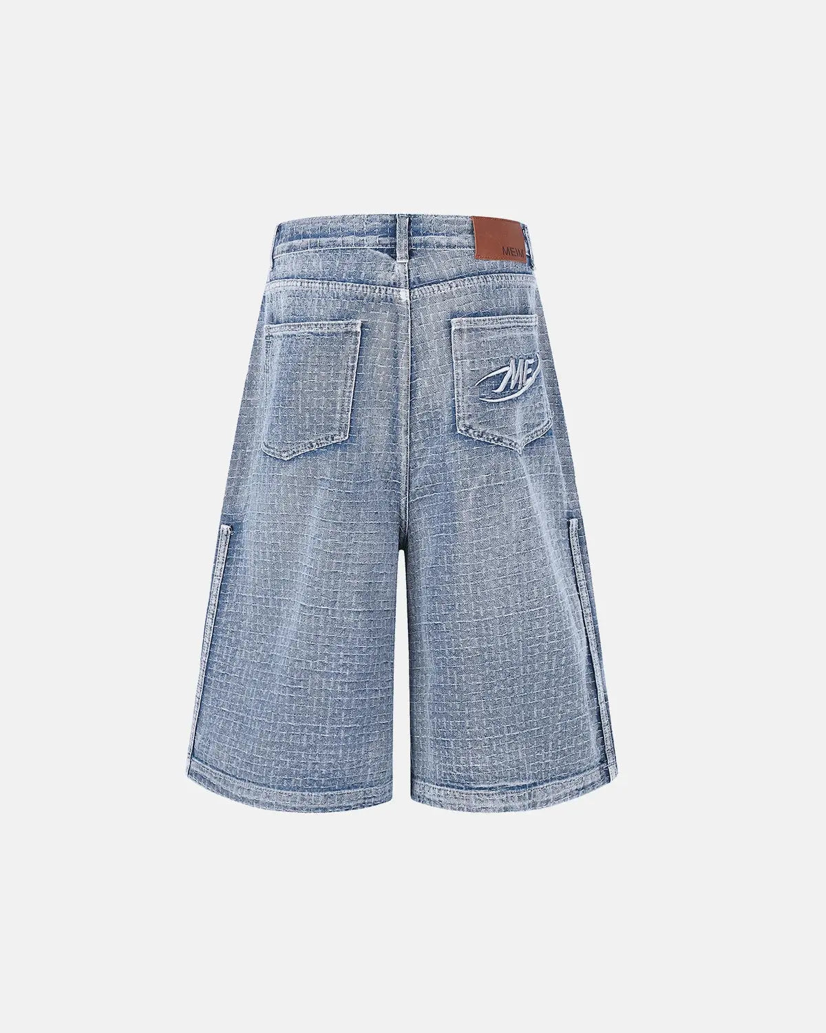 Blue grid-texture baggy jorts by Flation Streetwear, featuring relaxed fit denim shorts with a trendy, textured design.