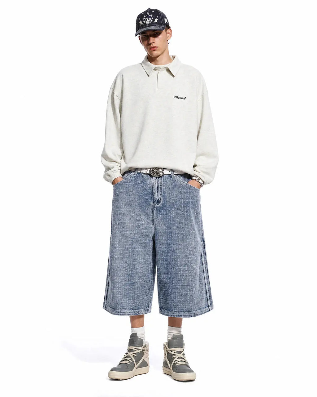 Blue grid texture baggy jorts by Flation Streetwear, showcasing relaxed fit denim shorts with a bold grid pattern.