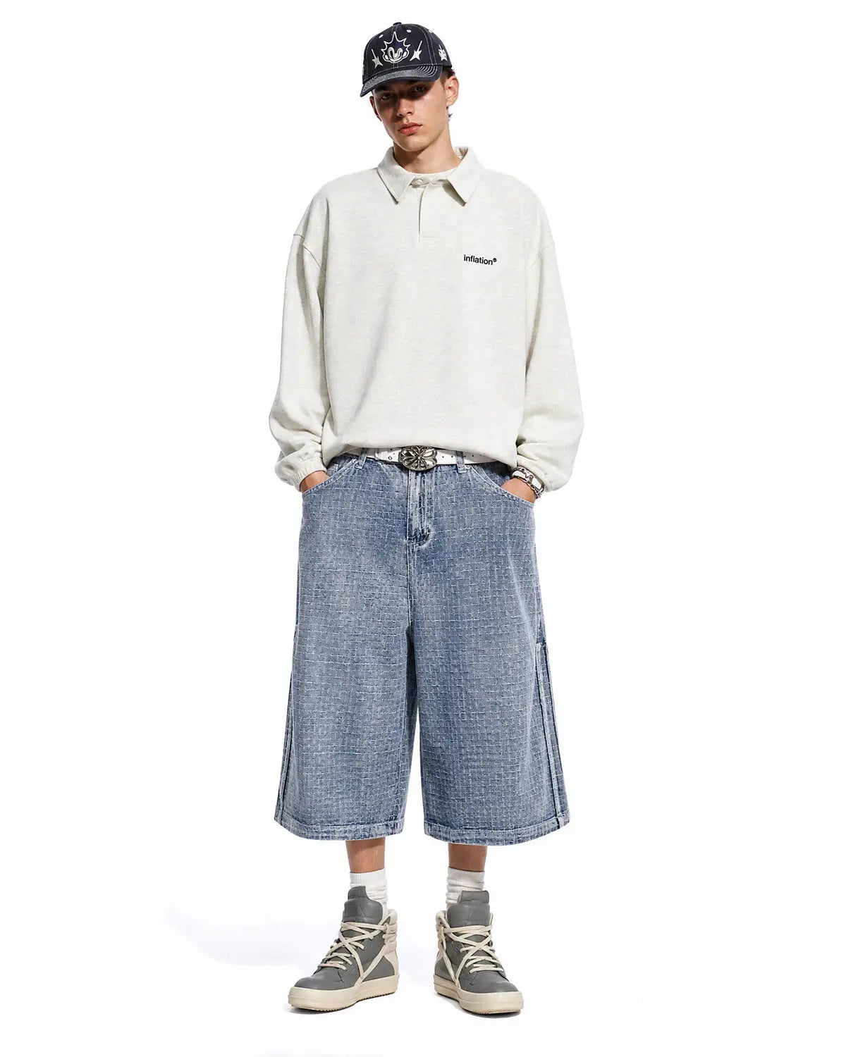 Blue grid texture baggy jorts by Flation Streetwear, showcasing relaxed fit denim shorts with a bold grid pattern.