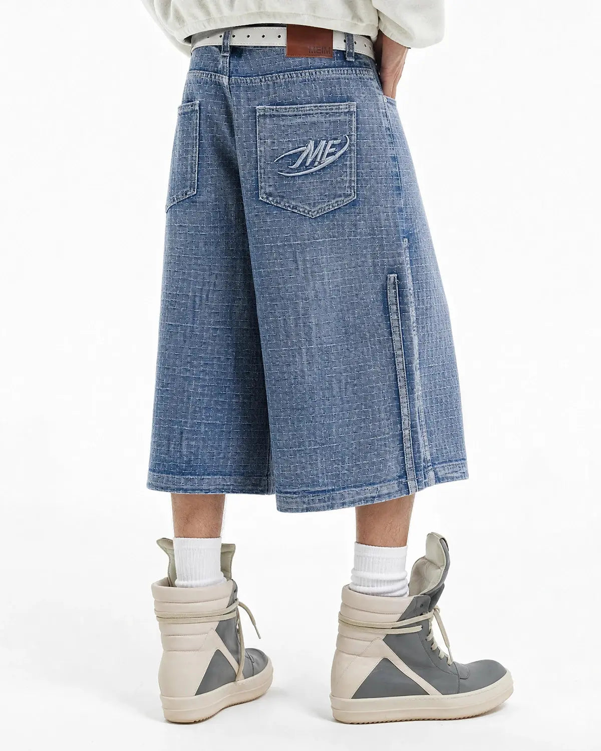 Blue grid texture Baggy Jorts by Flation Streetwear, featuring a relaxed fit and casual denim style.