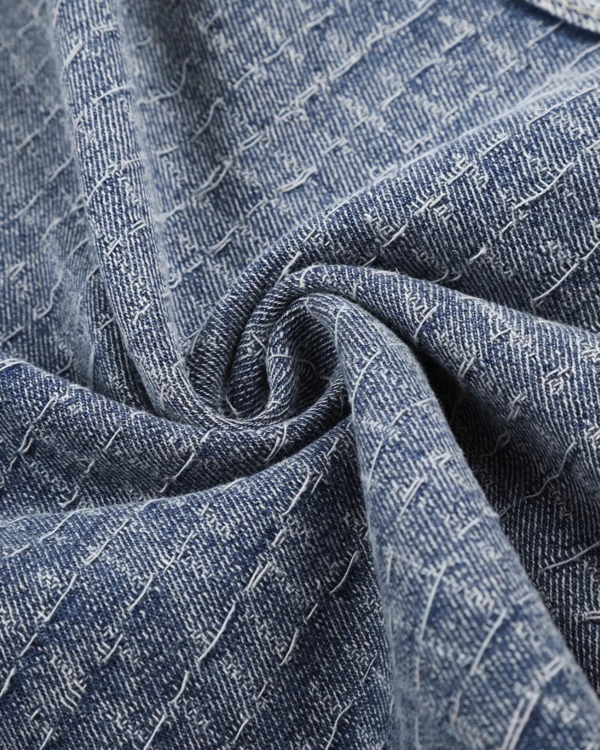 Blue grid-texture baggy jorts by Flation Streetwear, featuring a relaxed fit and distressed denim style in the image.
