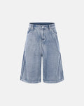 Blue grid texture Flation streetwear baggy jorts with relaxed fit and distressed detailing, casual denim shorts for street style.