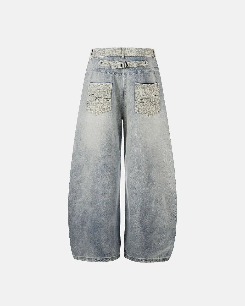 Blue Flation Leopard Patch Barrel Jeans featuring leopard print patches and a relaxed streetwear style, displayed on a mannequin.