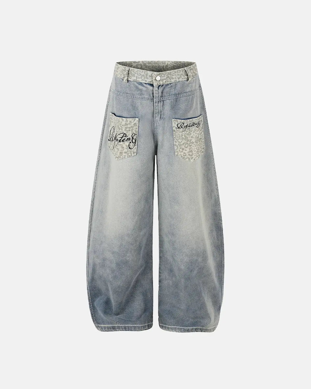Blue leopard patch barrel jeans by Flation Streetwear featuring relaxed fit, stylish leopard print patches, and classic denim texture.