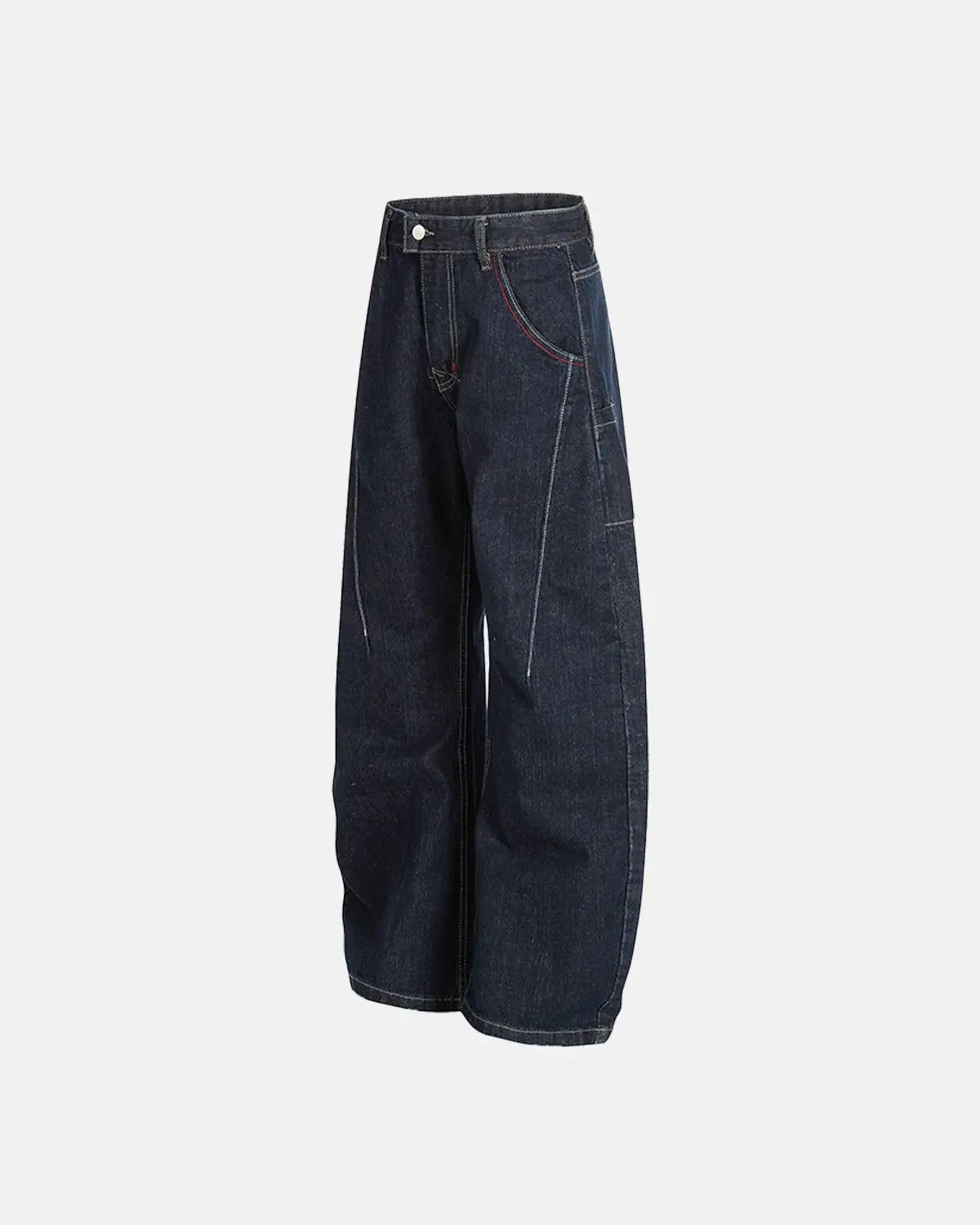 Raw blue deconstructed baggy jeans by Flation Streetwear with distressed details and relaxed fit, shown on a model.