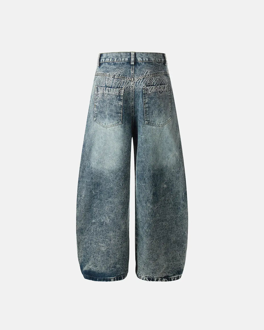 Blue rhinestone acid wash baggy jeans by Flation Streetwear, showcasing relaxed fit and sparkling rhinestone details.
