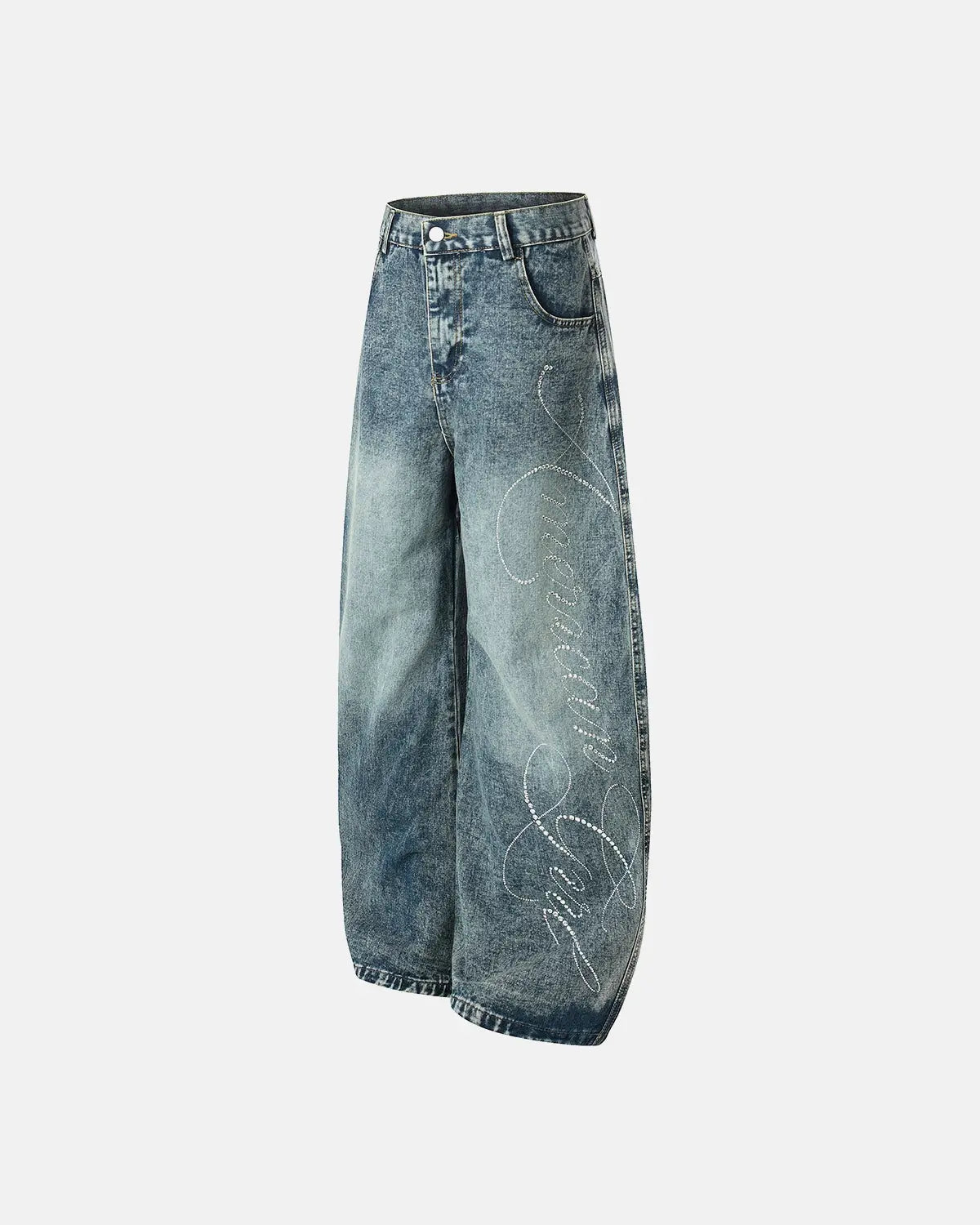 Rhinestone acid wash baggy jeans by Flation featuring distressed details and a relaxed streetwear style.