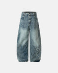 Blue rhinestone-accented acid wash baggy jeans by Flation Streetwear, featuring a loose fit and stylish distressed details.