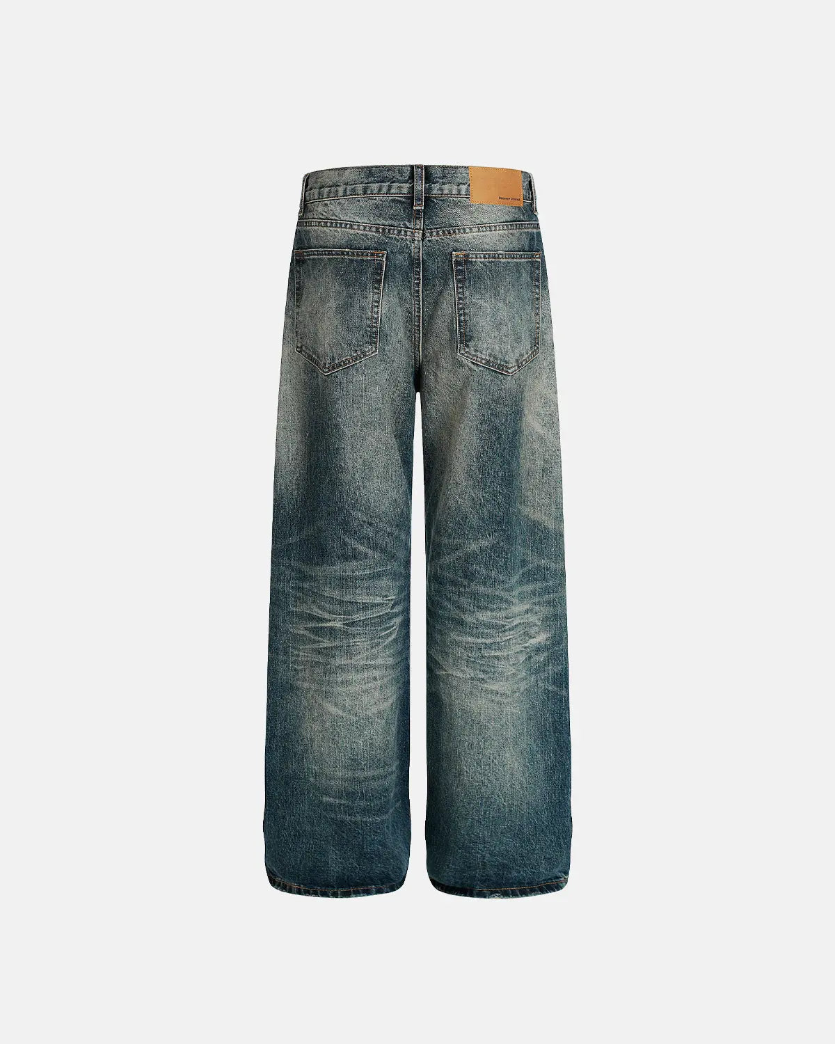 Blue vintage distressed baggy jeans by Flation Streetwear, featuring a relaxed fit and worn-in denim style.