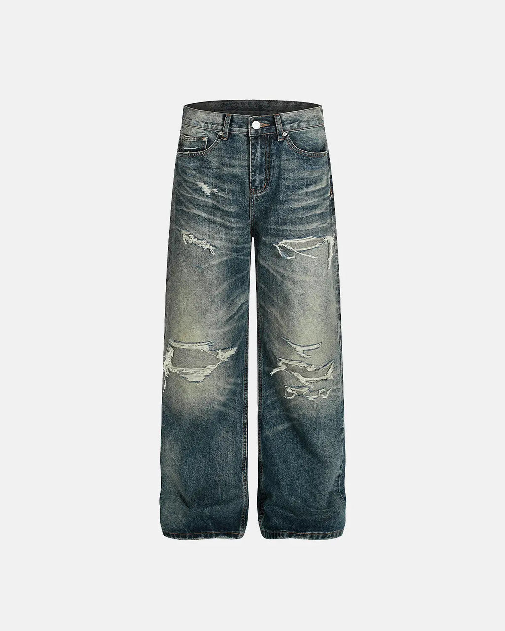 Blue vintage distressed baggy jeans by Flation Streetwear, relaxed fit with faded and ripped details.