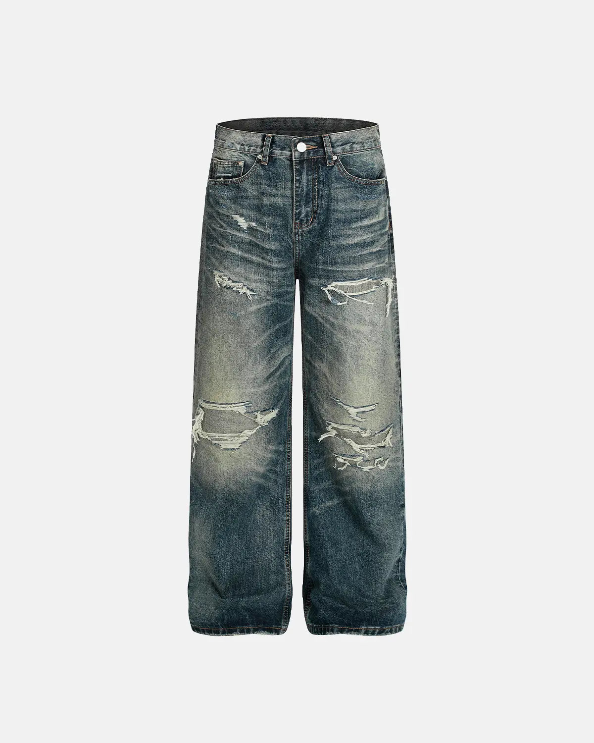 Blue vintage distressed baggy jeans by Flation Streetwear, relaxed fit with faded and ripped details.