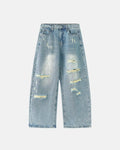 Blue vintage wash distressed baggy jeans by Flation Streetwear, featuring a relaxed fit and rugged denim style.