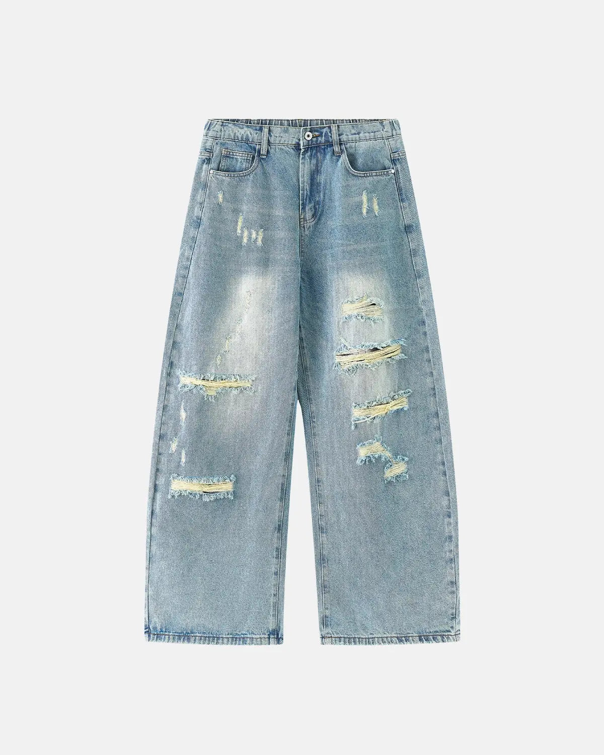 Blue vintage wash distressed baggy jeans by Flation Streetwear, featuring a relaxed fit and rugged denim style.