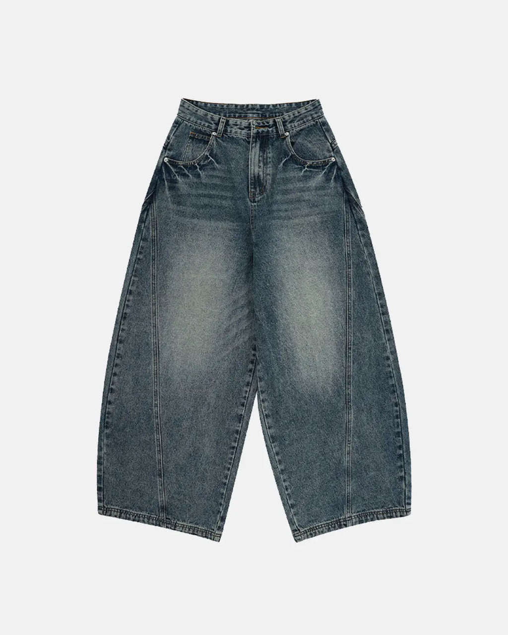Vintage washed barrel jeans by Flation Streetwear, in blue, with a relaxed fit and distressed denim details.