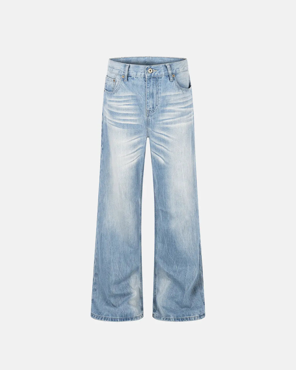 Light blue vintage whiskered bootcut jeans by Flation Streetwear, showcasing classic fit and distressed detailing.