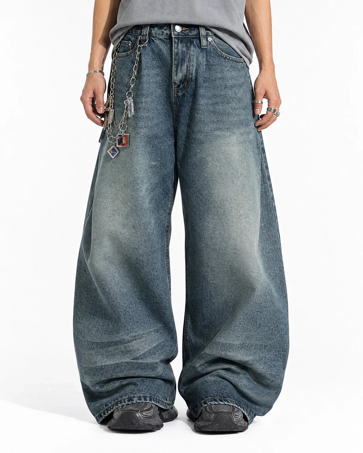 Blue Whisker Acid Washed Barrel Jeans by Flation Streetwear, featuring a relaxed fit and distressed denim style.