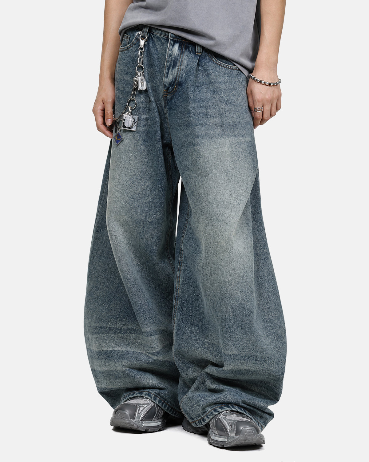 Blue Whisker Acid Washed Barrel Jeans by Flation Streetwear, showcasing relaxed fit and distressed denim style.