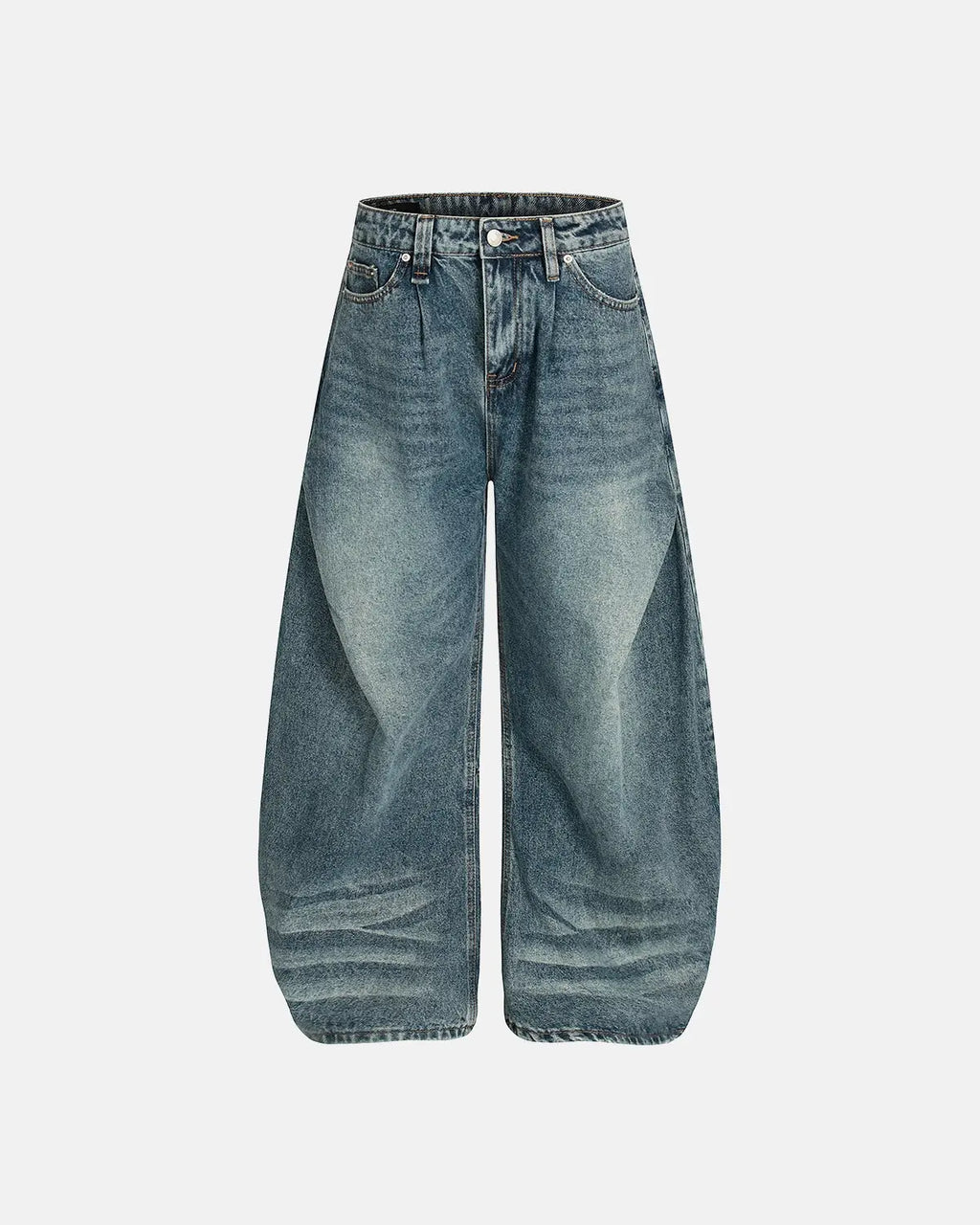 Blue Whisker Acid Washed Barrel Jeans by Flation Streetwear, showcasing relaxed fit and faded denim texture.