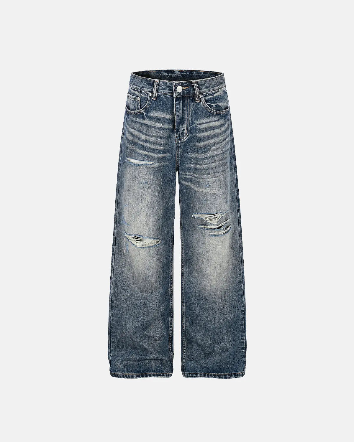 Blue Whisker Wash distressed baggy jeans from Flation Streetwear, featuring a relaxed fit and faded, worn-in style.