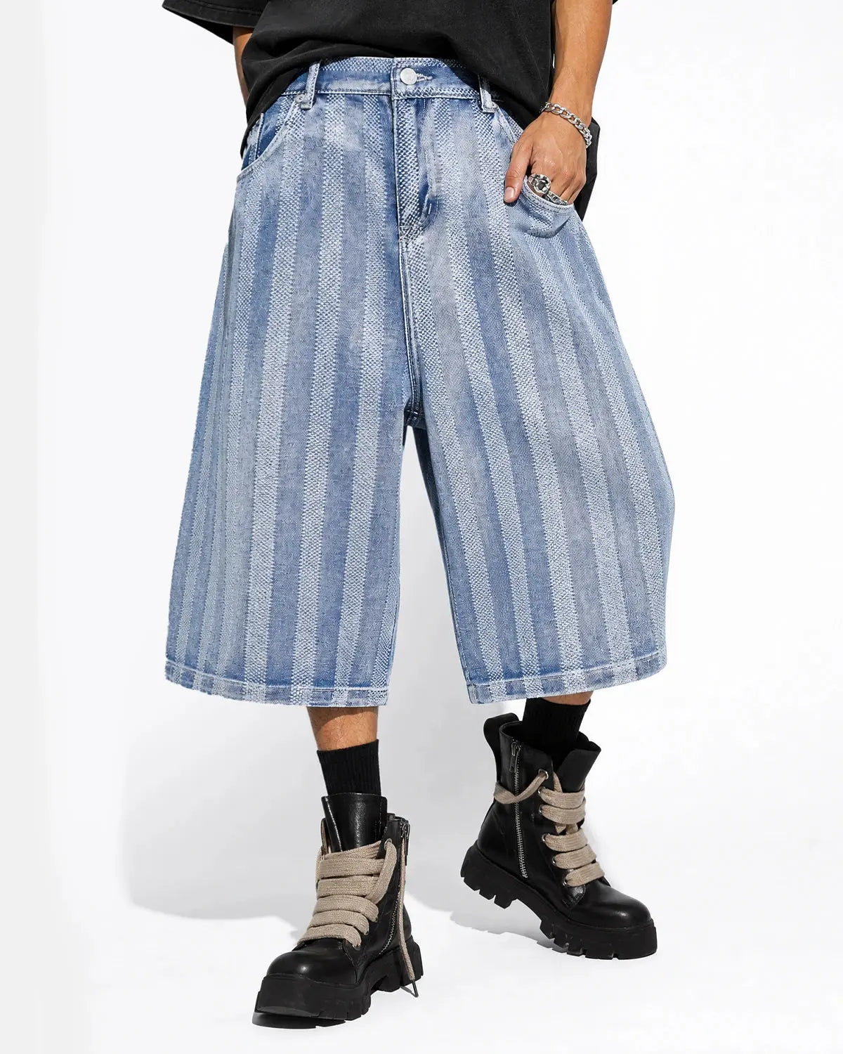 Blue woven texture baggy jorts by Flation Streetwear, showcasing relaxed fit denim shorts with a textured weave pattern.
