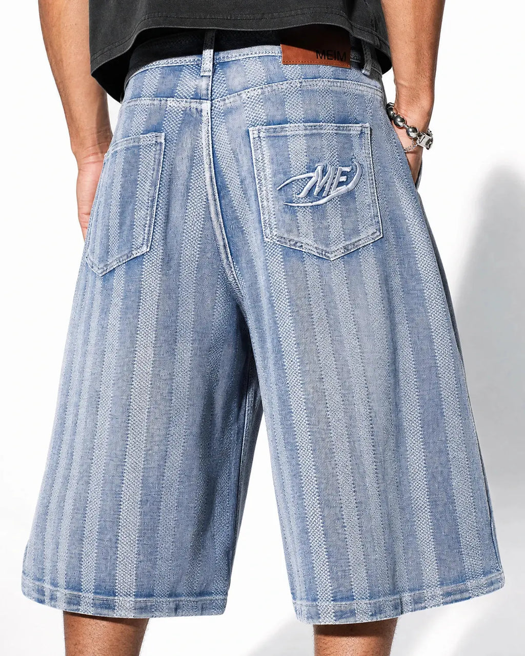 Blue woven texture baggy jorts by Flation Streetwear, showcasing relaxed fit and stylish denim shorts with woven fabric details.
