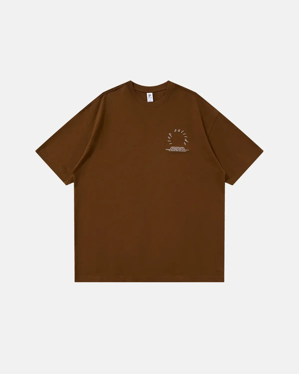 Brown Flation camping graphic cotton T-shirt featuring outdoor adventure design, casual streetwear style.