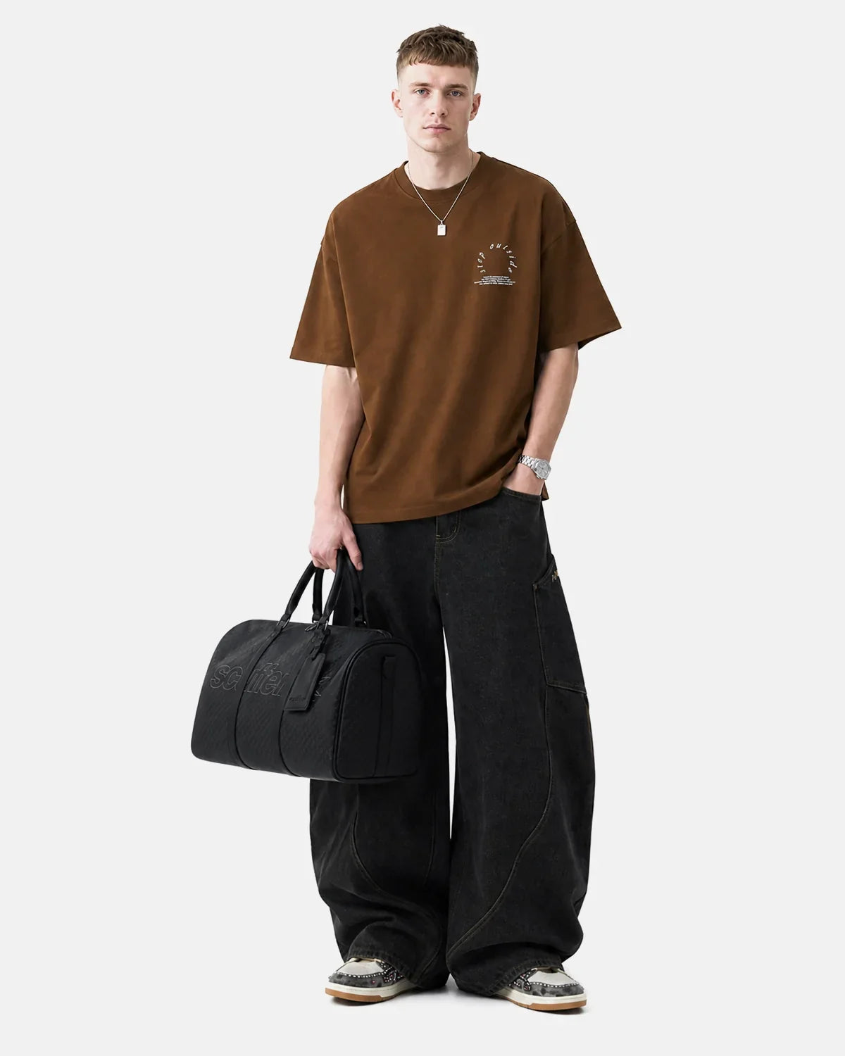 Brown Flation streetwear camping graphic cotton T-shirt featuring outdoor-themed print for casual, comfortable style.