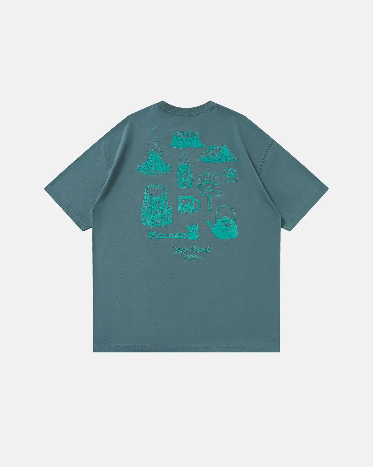 Brown Flation streetwear camping graphic cotton t-shirt with outdoor camping design, casual and comfortable for everyday wear.