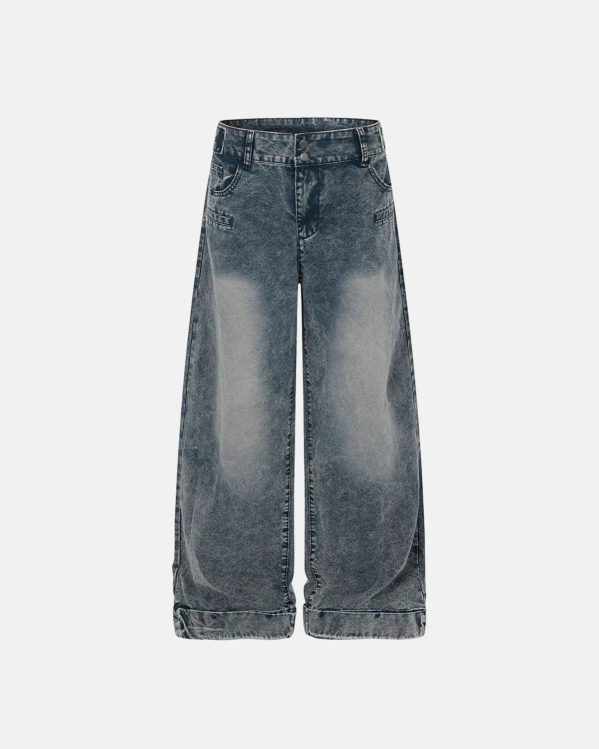 Retro washed wide-leg baggy jeans by Flation, showing distressed denim fabric and relaxed fit on a model.