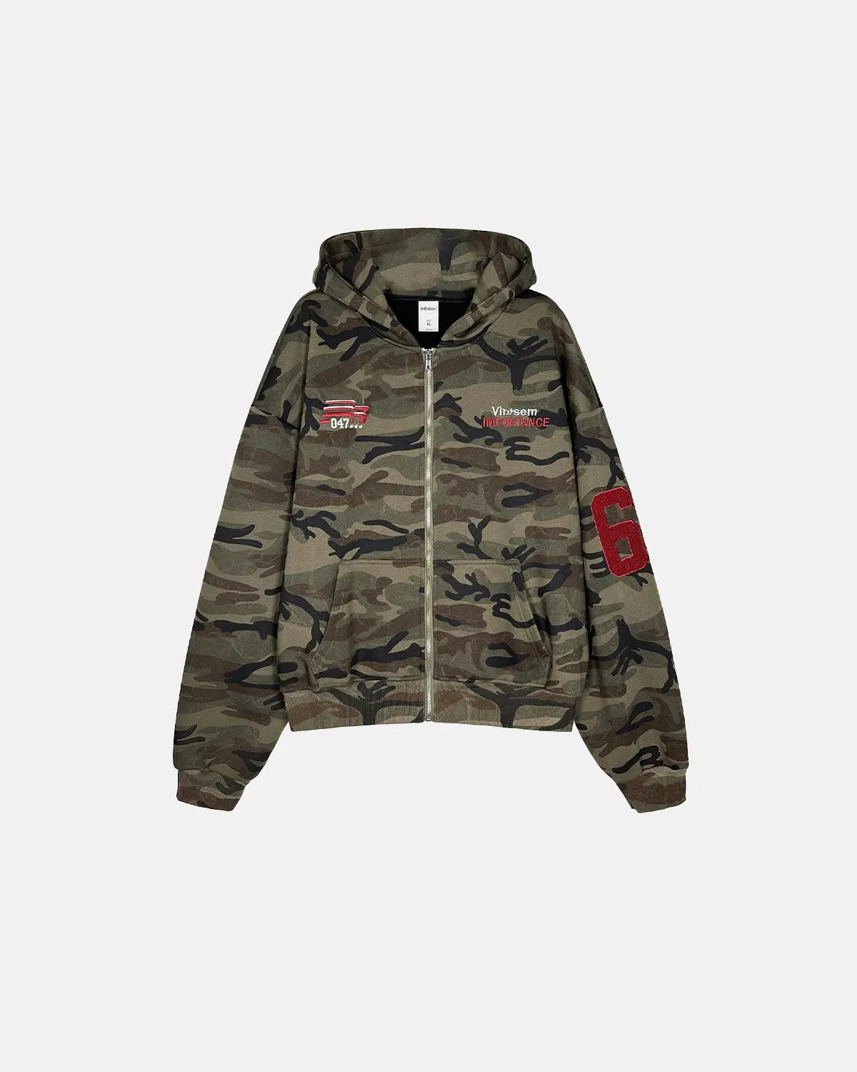 Camo zip-up hoodie by Flation with 69 applique embroidery, featuring camouflage pattern and streetwear style.