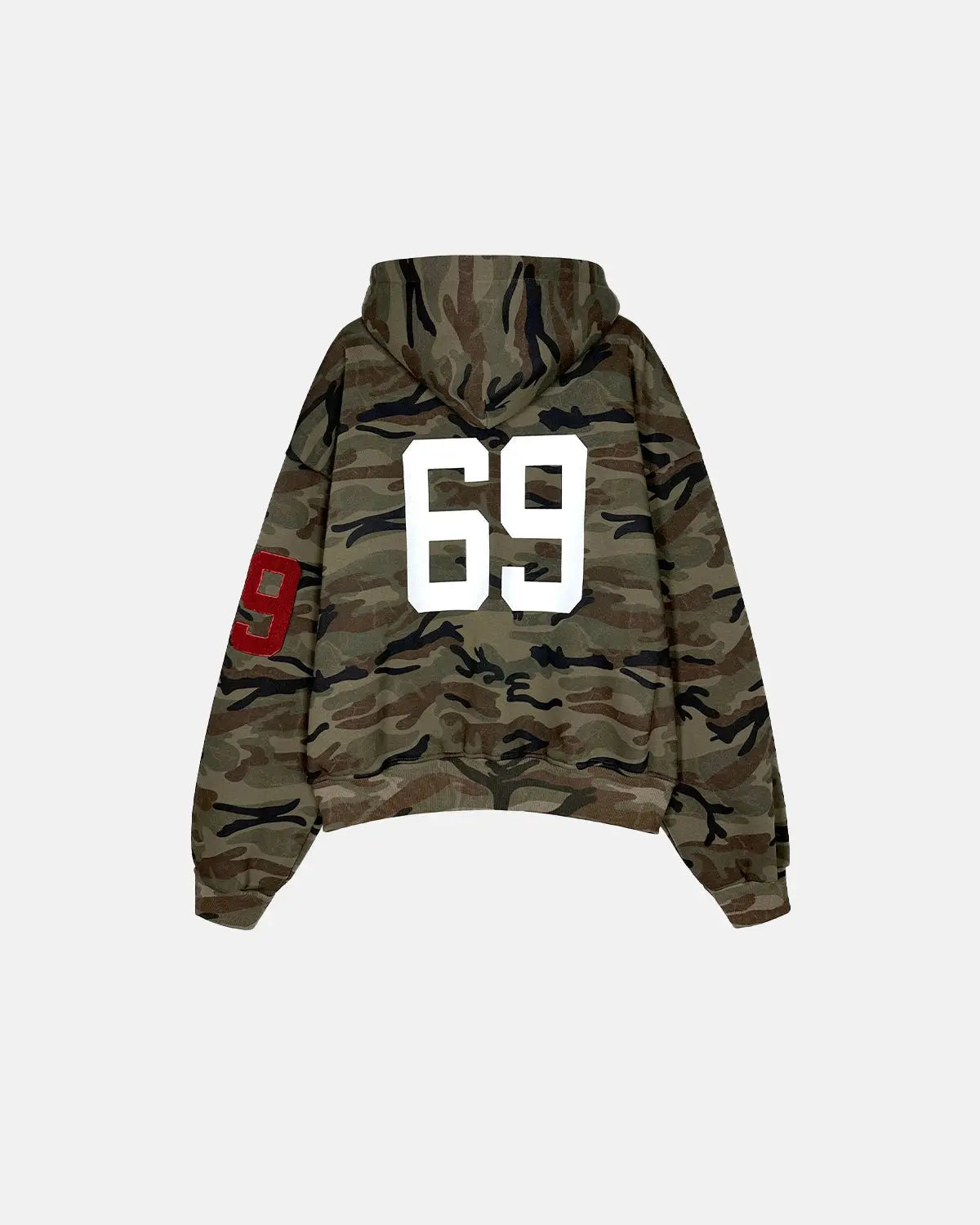 Flation camouflage zip-up hoodie with 69 applique embroidery, featuring a streetwear style and front pockets.