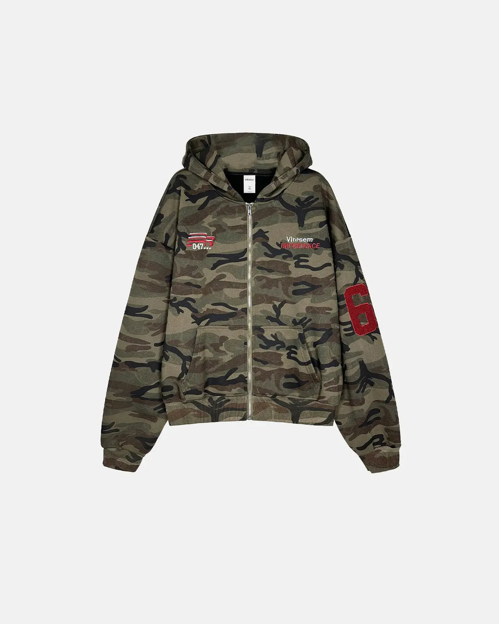 Camo zip-up hoodie with 69 applique embroidery by Flation Streetwear, featuring a camouflage pattern and front zipper design.