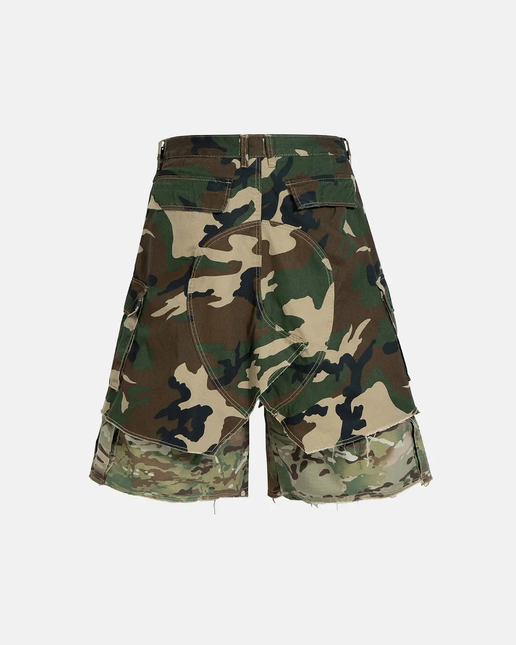 Camo layered longline jorts by Flation Streetwear featuring a casual, relaxed fit with camouflage print and distressed details.