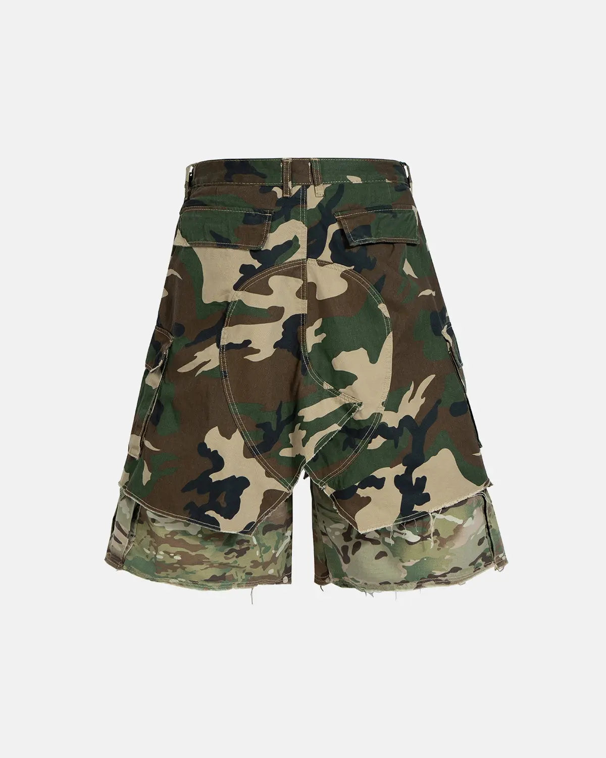 Camo layered longline jorts by Flation Streetwear featuring a casual, relaxed fit with camouflage print and distressed details.